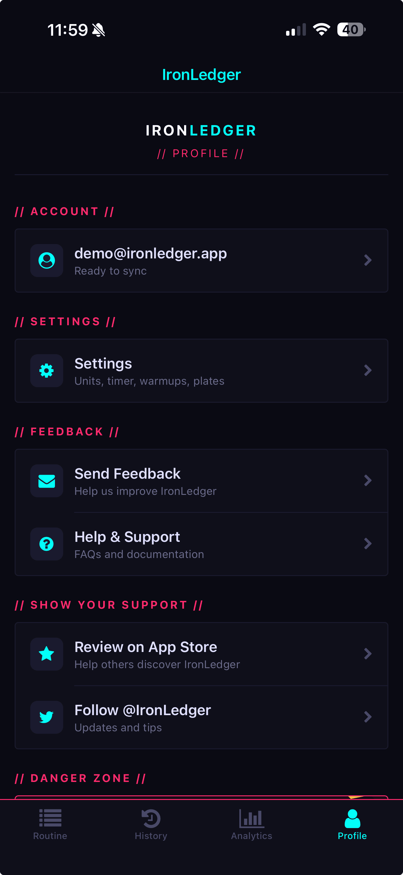 IronLedger profile and integration settings